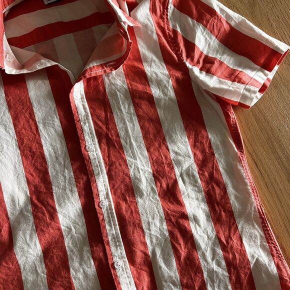 Asos Design Casual Short Sleeve Button Up Stripe Shirt S orange white summer - Picture 3 of 10